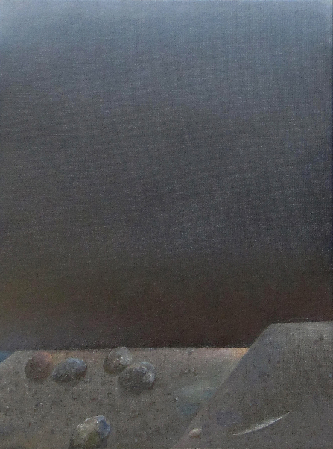 Pięć kamieni i pióro, 2015, olej na płótnie, 40x30cm